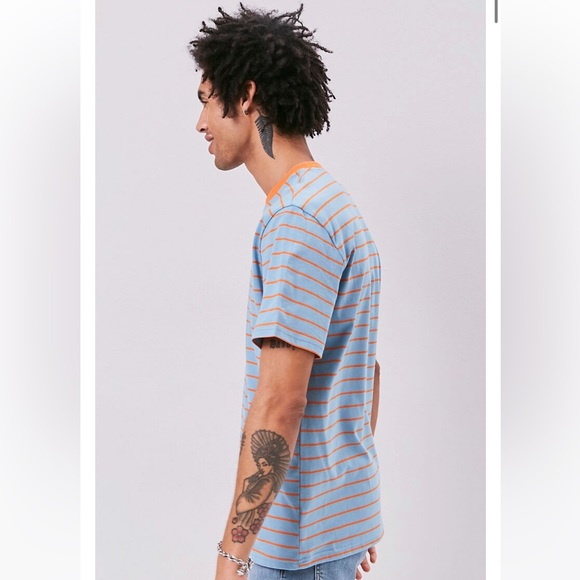 Forever 21 Men Take It Easy Embroidered Graphic Striped Crewneck Tee Orange/Blue - Picture 2 of 9
